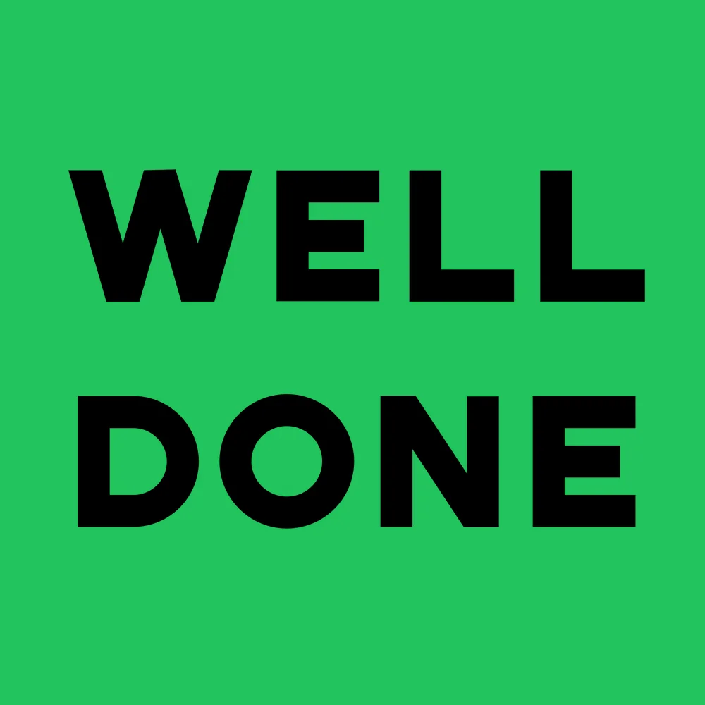 Funny wall clock: "Well done — green & black"