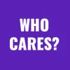 Funny wall clock: "Who cares — dark violet & white"
