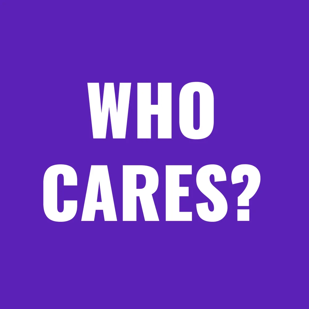 Funny wall clock: "Who cares — dark violet & white"
