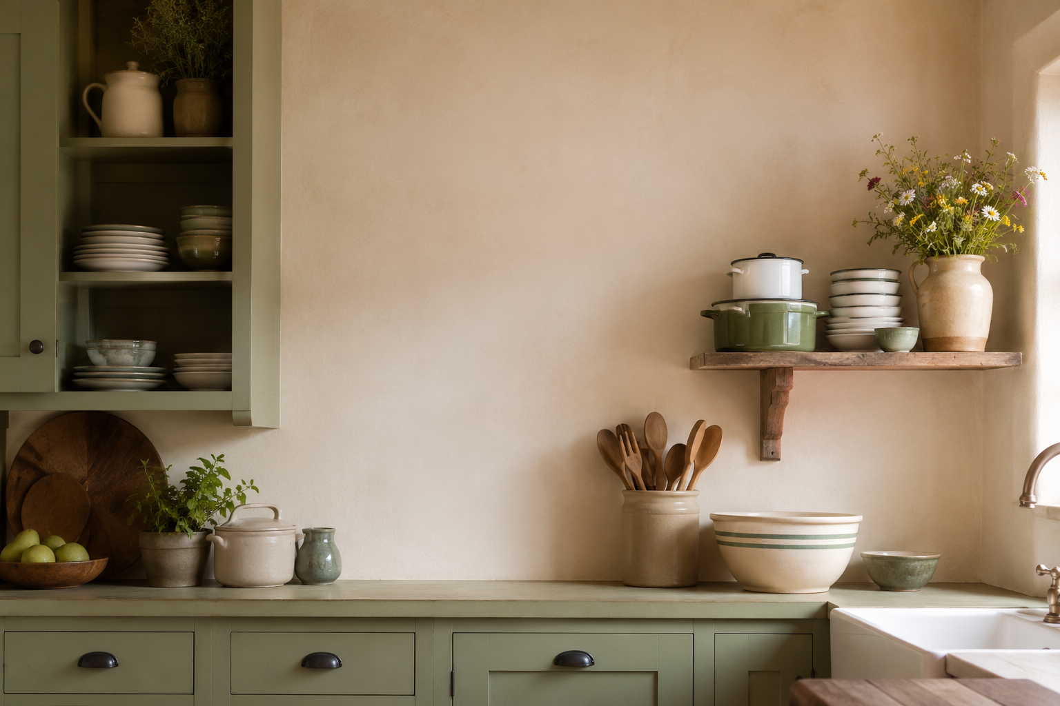 Zen wall clock in farmhouse kitchen