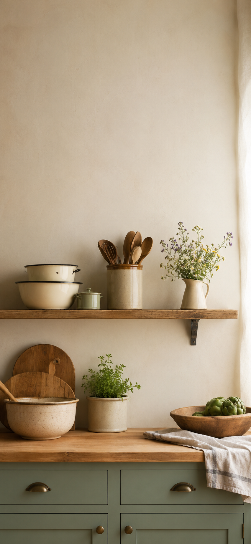 Zen wall clock in farmhouse kitchen