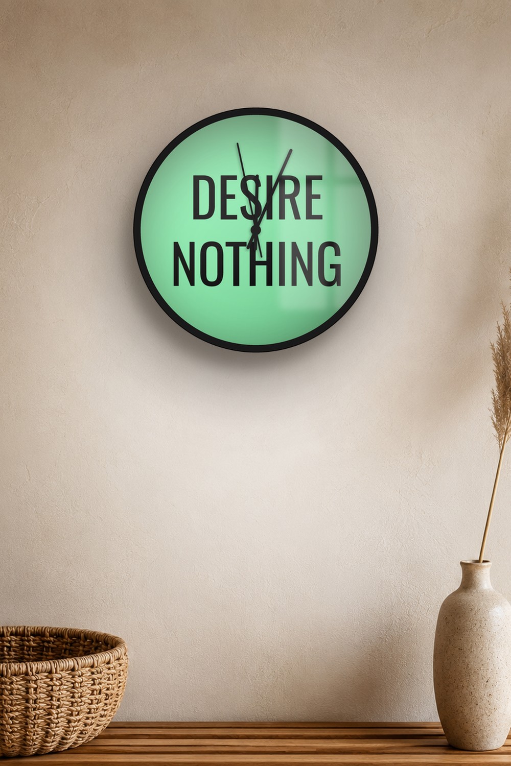 "desire nothing" wall clock in light green and black, on a wall