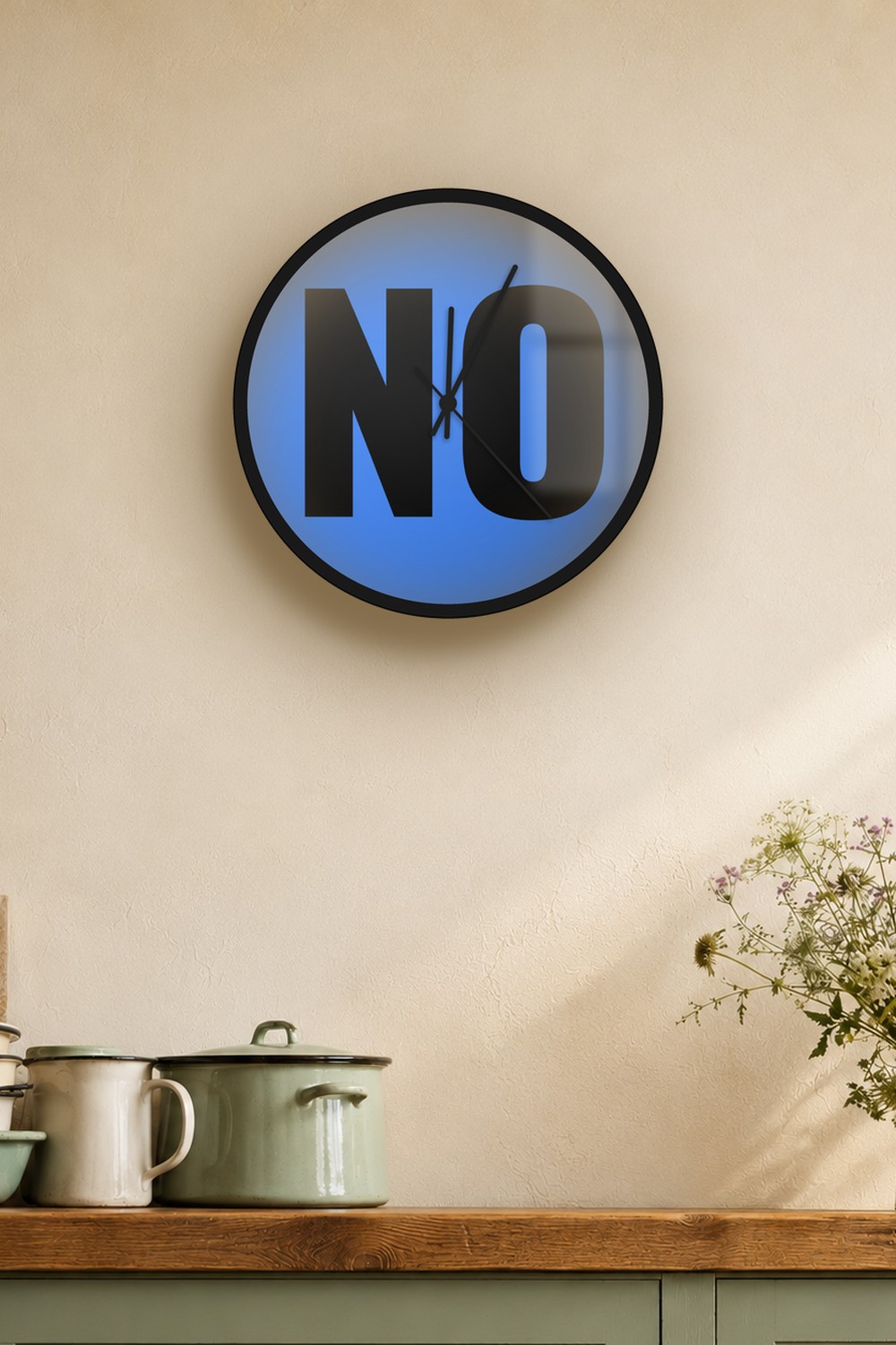 "No" wall clock in blue and black, on a wall