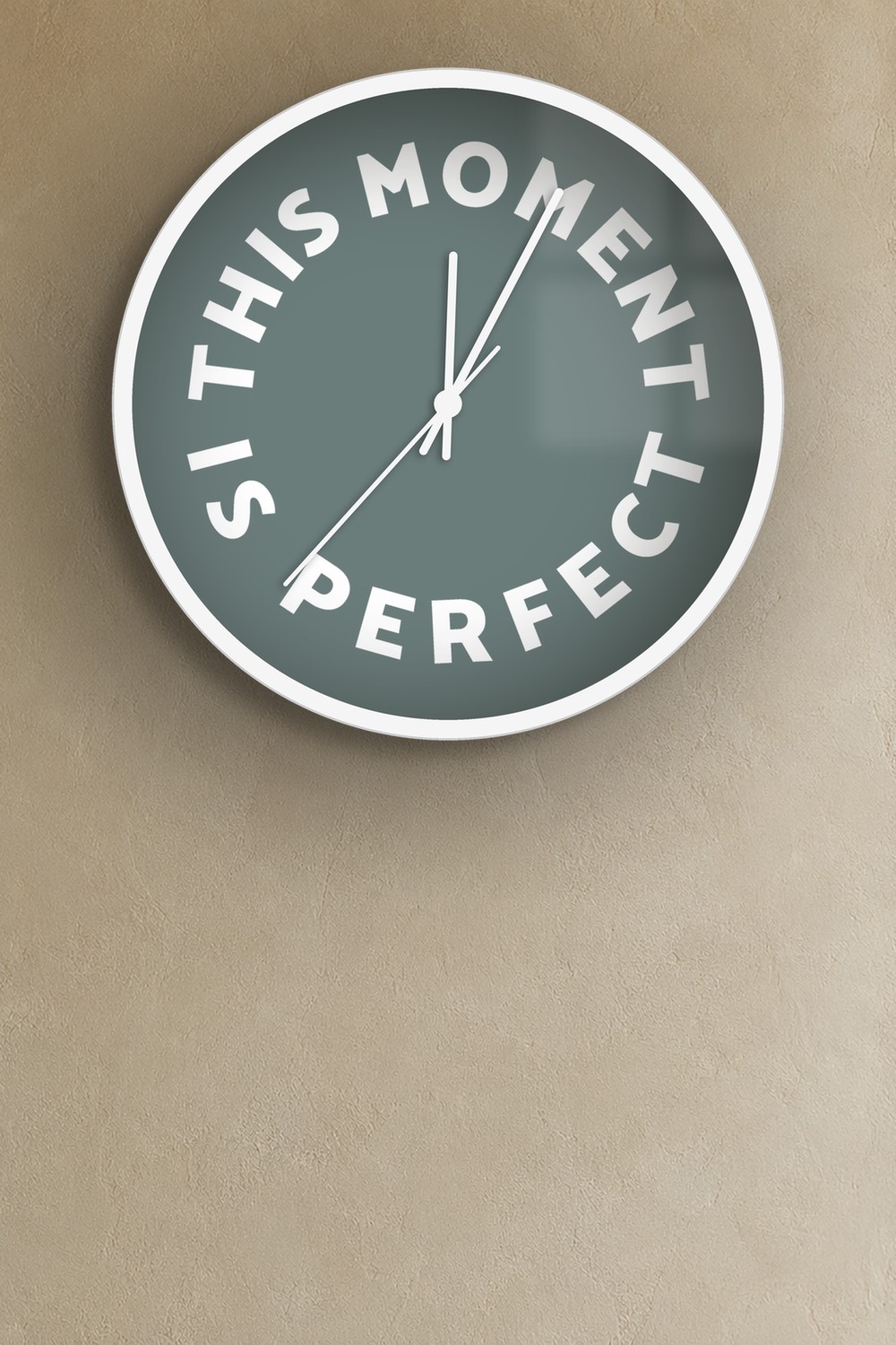 "this moment is perfect" wall clock in mist and white, on a wall