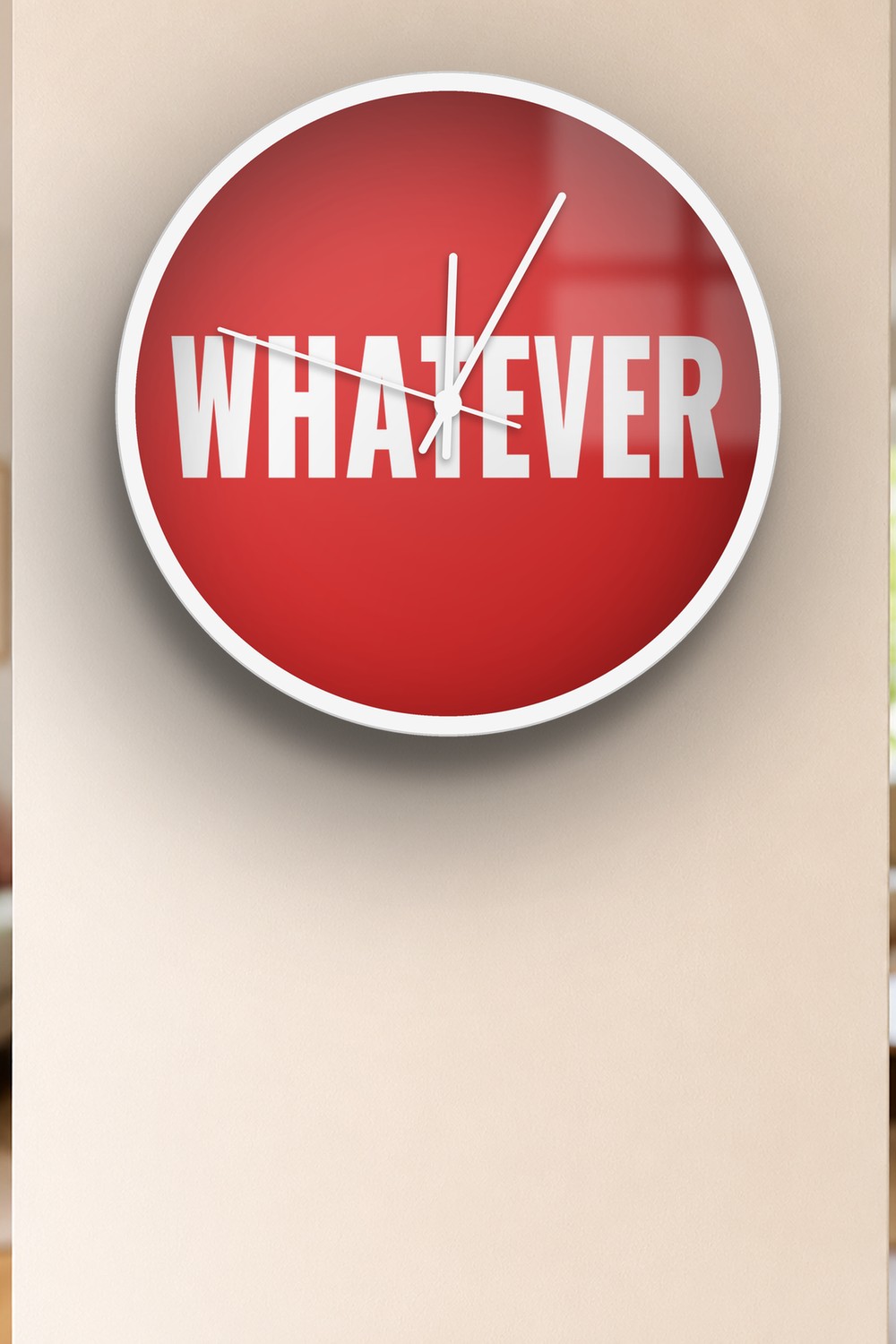 "Whatever" wall clock in red and white, on a wall